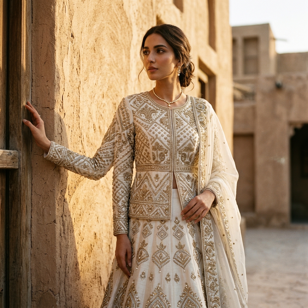 Model wearing an ivory embroidered Zariya shalwar kameez against a warm clay wall